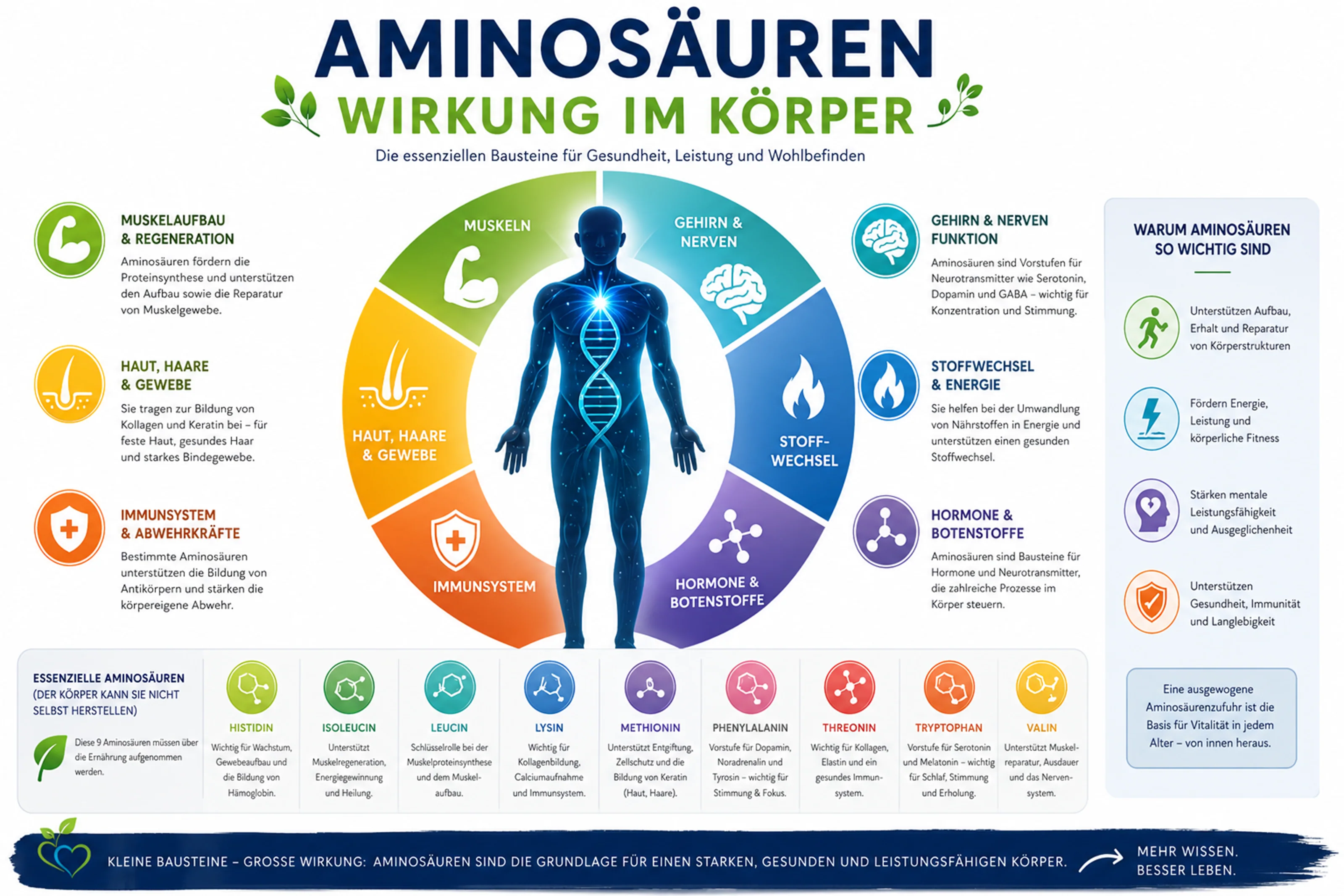 Infografik über die Wirkung von Aminosäuren im Körper