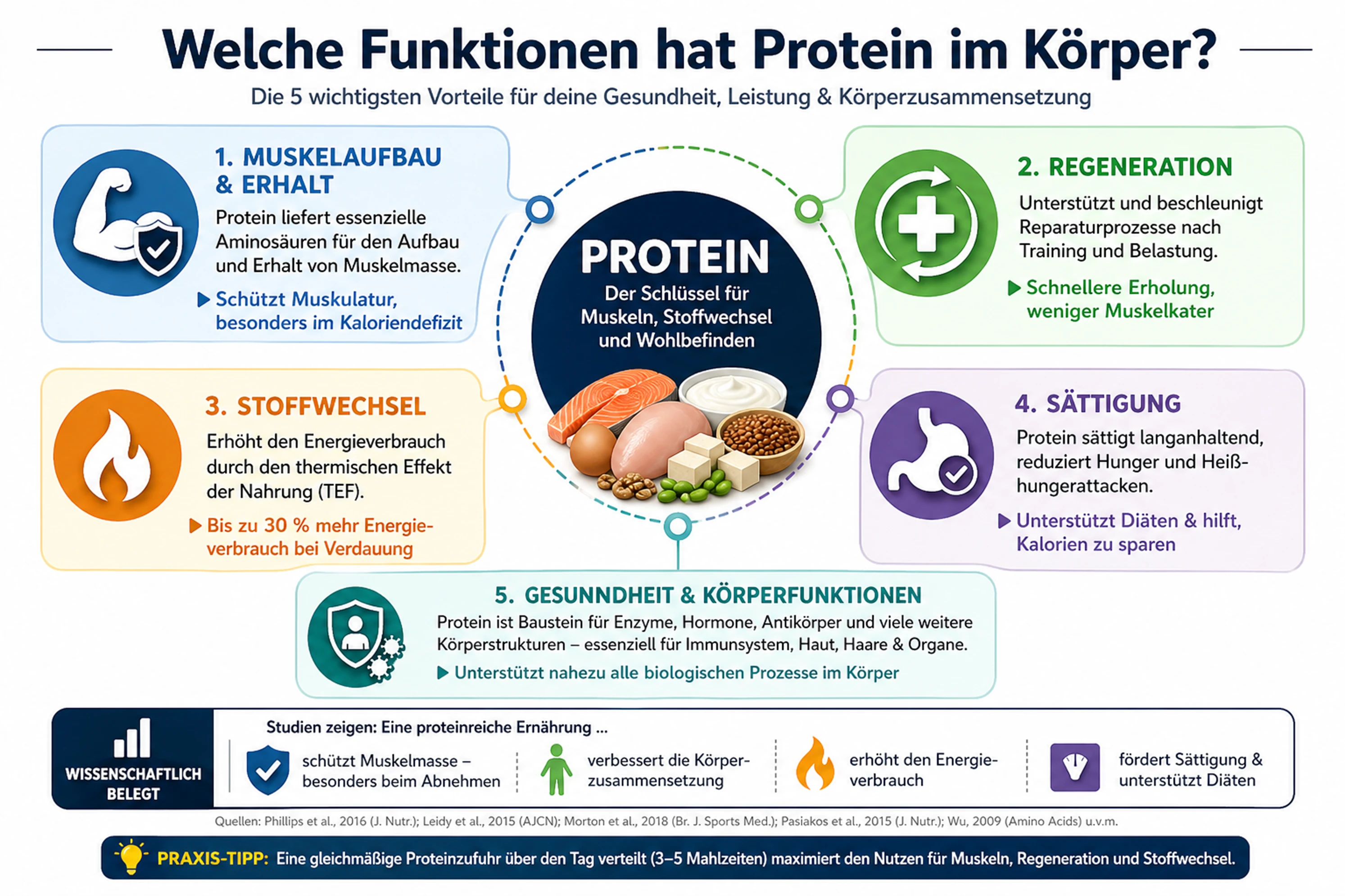 Protein Funktionen im Körper Infografik – Muskelaufbau, Regeneration, Stoffwechsel und Sättigung einfach erklärt