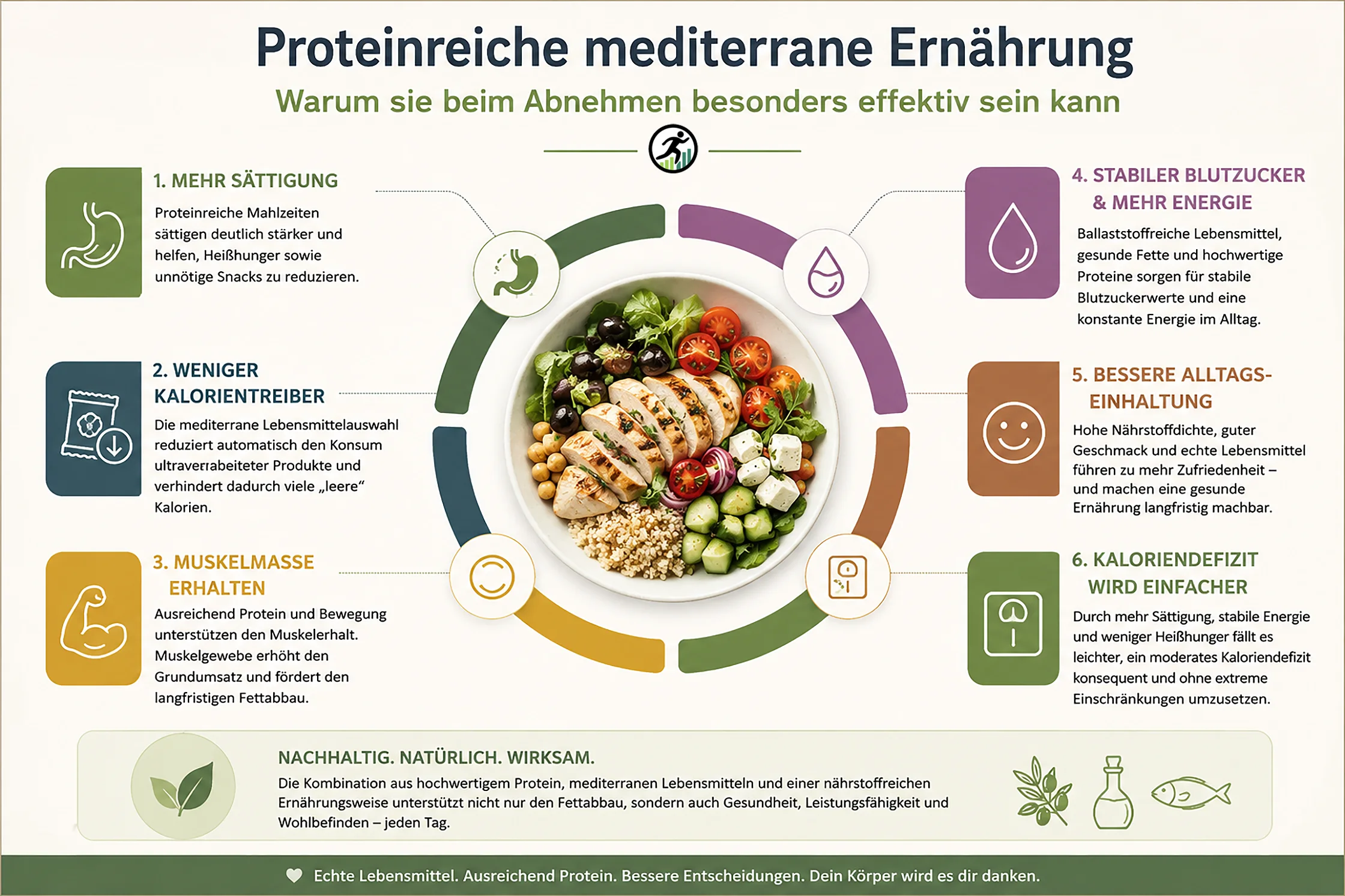 Infografik zur proteinreichen mediterranen Ernährung mit Vorteilen für Fettabbau, Sättigung, Muskelmasse und metabolische Gesundheit